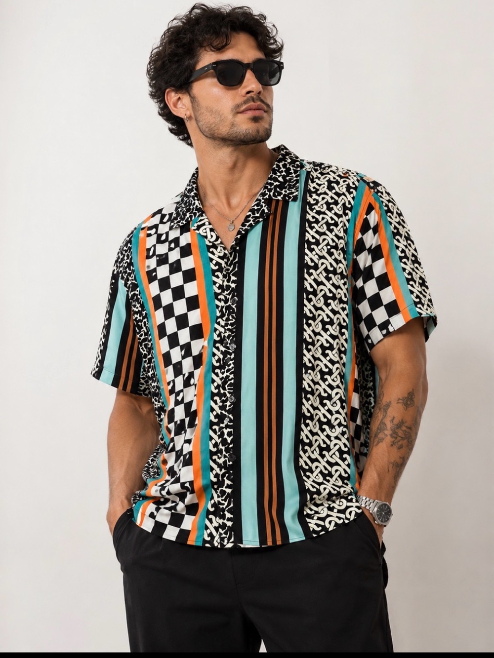 NovaMen's Short-Sleeve Patterned Button-Down Shirt in Black, Teal & Orange XXL